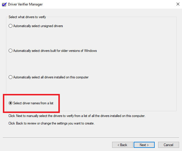 Driver Verifier Manager Select Drivers