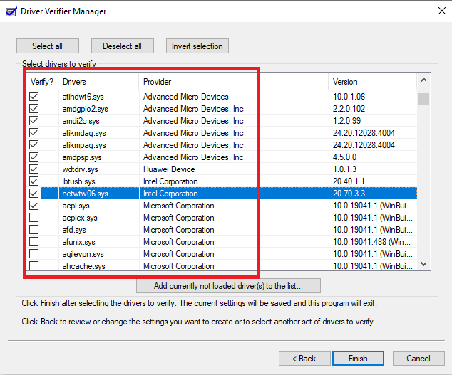 Driver Verifier Manager Select Drivers